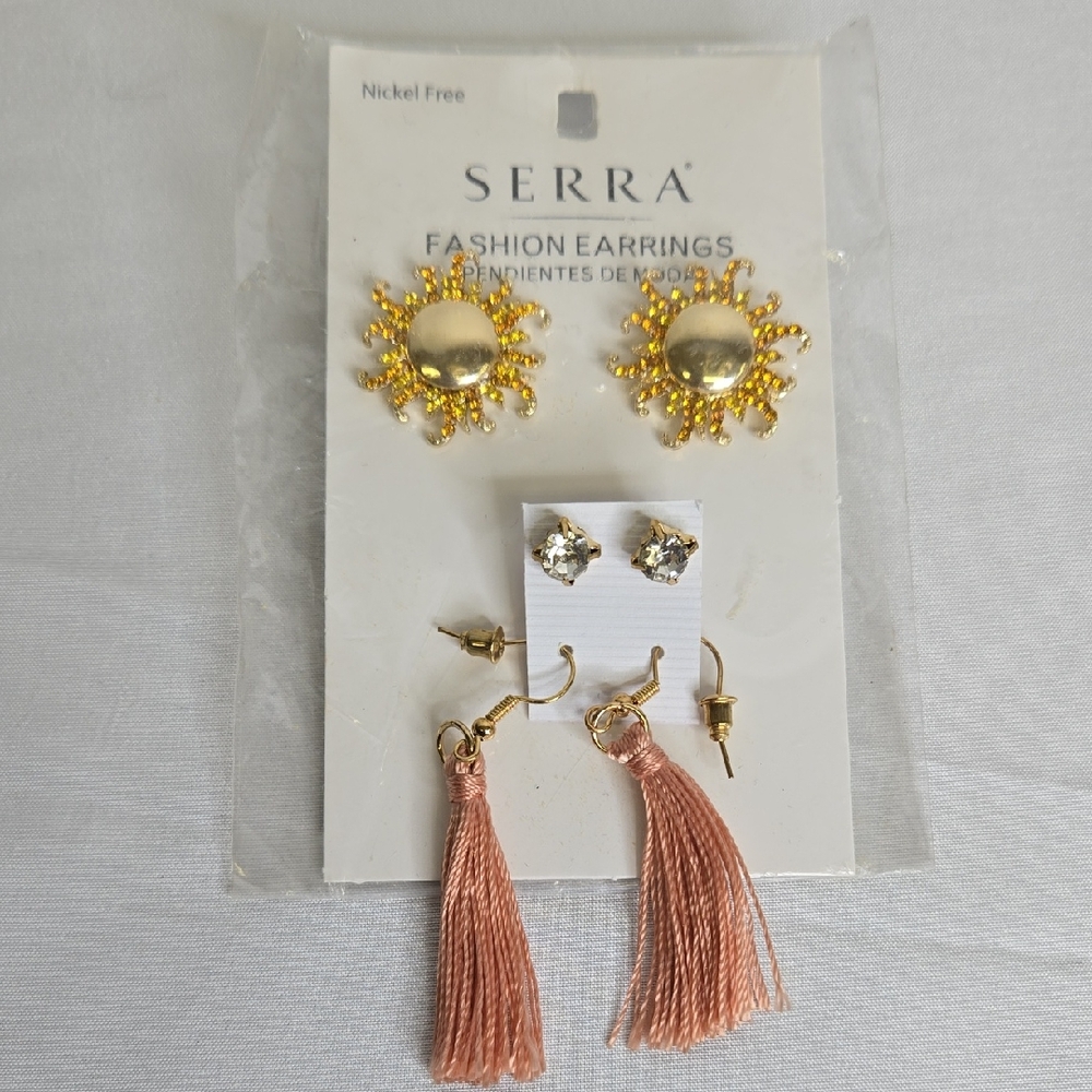 Earring Bundle, Suns/Tassles/Studs, 3 Pairs, NEW